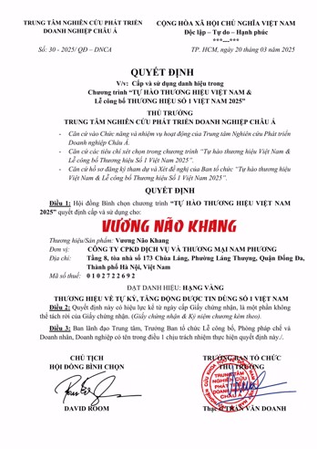 Quyết định Cấp và sử dụng danh hiệu cho nhãn hàng Vương Não Khang trong chương trình Tự hào Thương hiệu Việt Nam